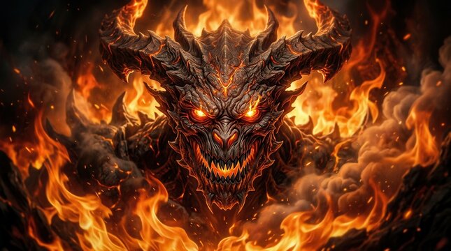 A terrifying satan monster creature with furious eyes amidst hellfire.