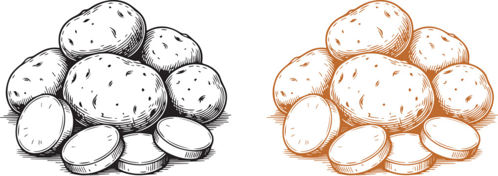 Illustration of whole and sliced potatoes in color and black and white vector art.
