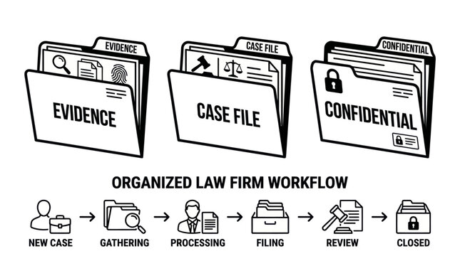 Law firm workflow icons with evidence and confidential file folders.