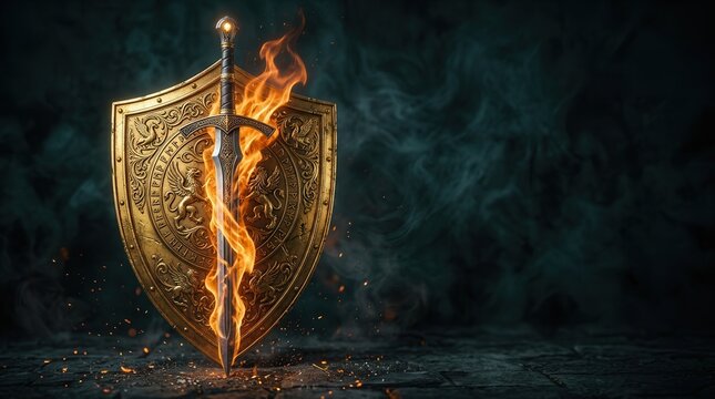 An epic fantasy sword with fire and a decorative knight shield on a dark textured background.