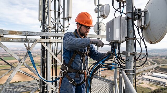 Telecommunications technician working on a cell tower installing equipment