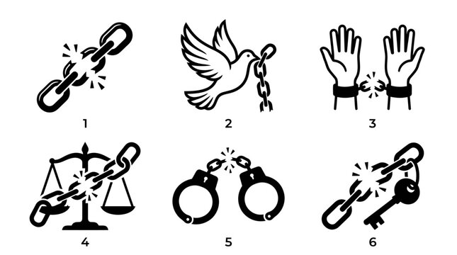 Numbered sequence of liberation icons and broken chain symbols.