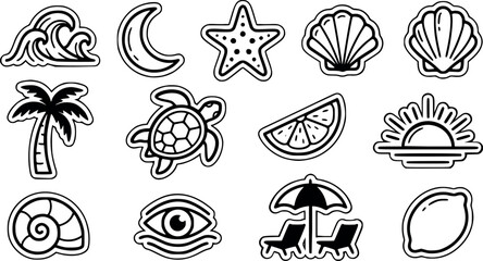 Black and white vector illustration of various beach icons including wave, moon, starfish, seashells, palm tree, turtle, lemon slice, sun, snail shell, eye, beach chairs and umbrella © Rekon