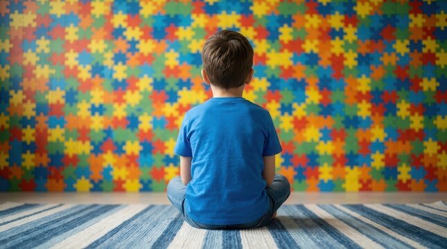 Colorful puzzle wall backdrop with a young boy representing autism spectrum disorder complexity.