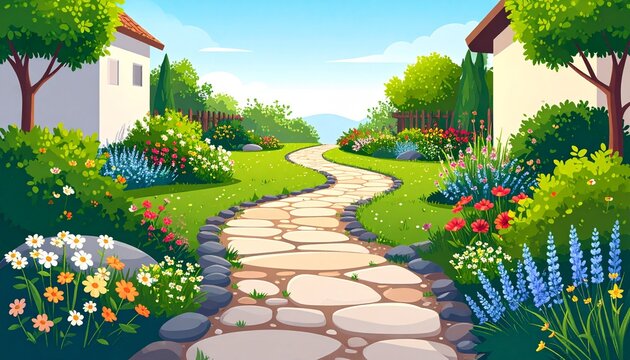 Serene garden pathway lined with vibrant flowers and trees.