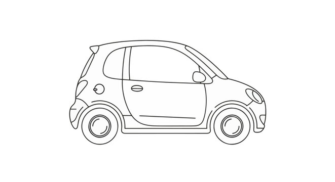 Minimalist black and white line art illustration of a compact small city car viewed from the side profile on a white background. Modern microcar silhouette outline for design.