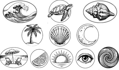 Obraz premium Black and white vector illustration of various beach icons including wave, turtle, shell, palm tree, and moon phases