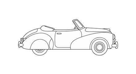 Obraz premium Minimalist black and white line art illustration of a vintage classic convertible car profile isolated on white background. Coloring book page style vector drawing of an old roadster.