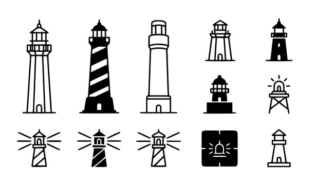 Minimal lighthouse and coastal beacon outline icon collection vector illustration
