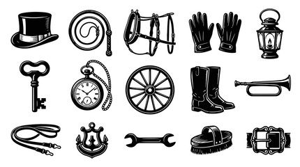 Obraz premium Vintage Western Cowboy Gear Black and White Vector Icons