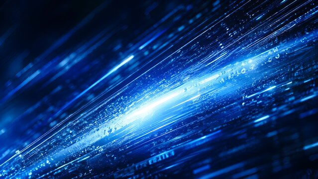 Illustration of blue data streams and light particles flying at high speed in cyberspace. High tech background for fiber optic internet, data center, and fast network services.