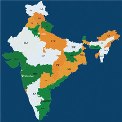 Obraz premium Political map of India showcasing its states and union territories with major cities and state abbreviations, colored in national flag hues.