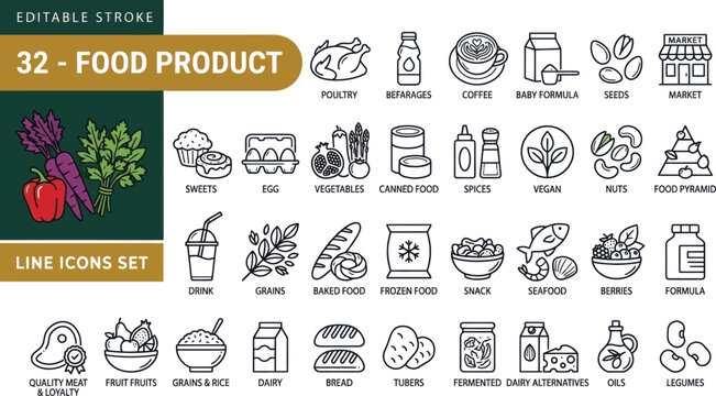Set of 32 food products and grocery line icons for restaurant menu or supermarket design Vector, illustration