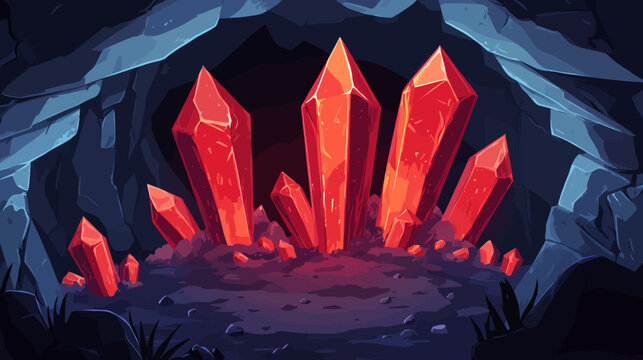 Mystical dark cave with glowing red crystals, dark blue rocks, and small plants amidst geode formations