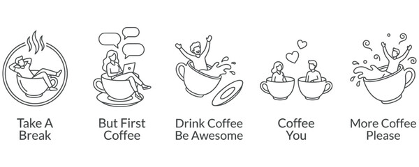 Naklejka premium Relaxing coffee break concepts with characters inside giant tea cups.