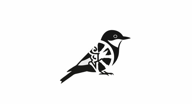 Black and white illustrated songbird with intricate patterns.