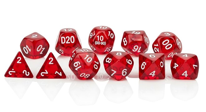 Set of red polyhedral dice for tabletop roleplaying games