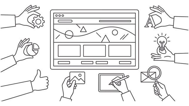 Web design and development process with hands building user interface.