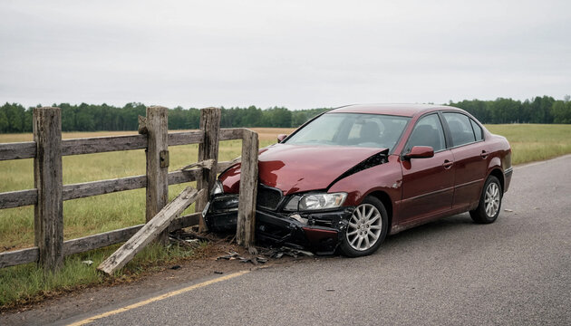 Red car with front end damage after crashing into a wooden fence on a rural road