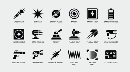Set of futuristic sci-fi weapon and technology icons featuring laser beam plasma bolt energy shield turret and system status symbols © ALBART