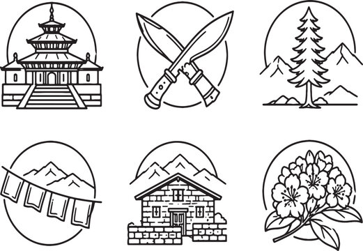 Nepal Culture Traditional Heritage and Himalayan Landmark Line Art Icons