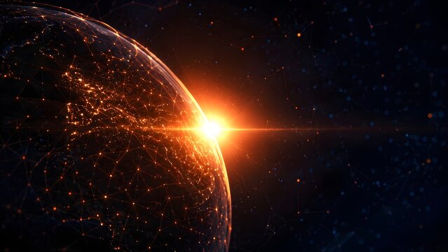 Illustration of a digital globe showing Asia with a glowing flag on the planet surface. Global concept for international business, Asian markets, and world news presentations.