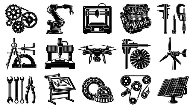 Engineering Icons: Black  White Vector Set of Industrial Tools and Machines