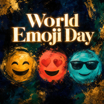 Emoji day concept with three painted faces on a dark textured gold background, generated using ai