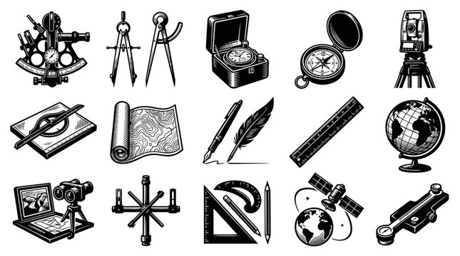 Monochrome Engraving Style Icons of Surveying, Cartography  Navigation Tools and Drafting Instruments