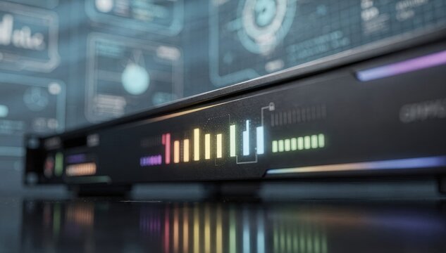 Closeup medium shot of cloudbased transcoding console displaying progress bars foreground unit in sharp focus with soft background of digital interface elements.