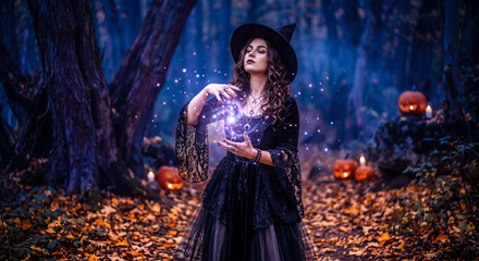 Fototapeta premium Mystical Witch Casting Magic Spell in Enchanted Halloween Forest Night