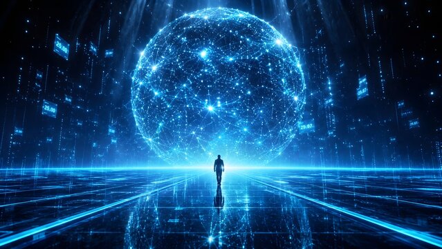Illustration of a man standing in front of a giant blue digital data sphere portal. Conceptual image for internet connectivity, global networking, and future world themes.