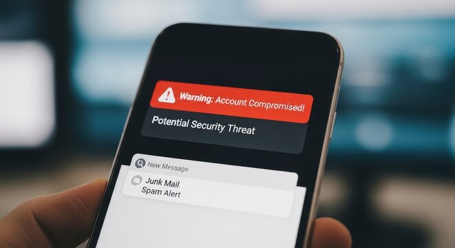 Smartphone Screen Displaying a Red Warning Notification for a Compromised Account and Potential Security Threat with Spam Alerts