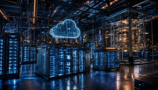 Advanced server room interior featuring high-performance computing hardware and glowing holographic cloud icon technology computing infrastructure hardware communication internet