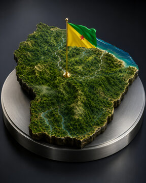 Ultra Detailed 3D Topographic Map of French Guiana with Regional Flag on Premium Metallic Display Stand