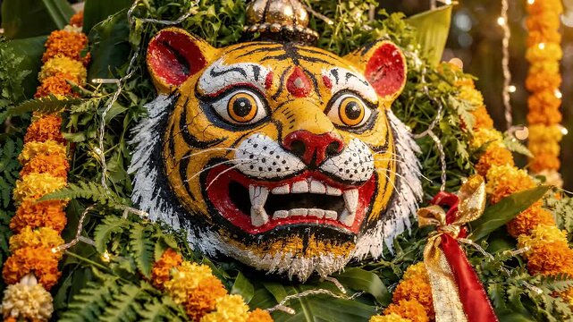 Pulikali wallpaper, artistic tiger face mask surrounded by tropical leaves and festive decorations