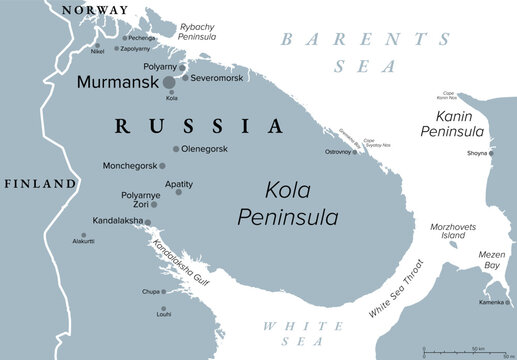 Kola Peninsula and Murmansk, Russia, gray political map. Peninsula in the extreme northwest of Russia, inside the Arctic Circle, bordered by the Barents Sea, and the White Sea. Illustration. Vector