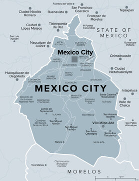 Mexico City, gray political map. Capital city, federative entity, and most populous city of Mexico, divided into 16 boroughs, and bordered by State of Mexico and State of Morelos. Illustration. Vector
