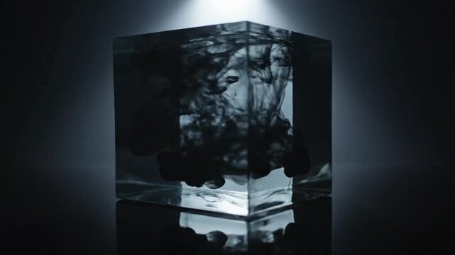 Transparent glass cube on reflective dark surface featuring internal amorphous black silhouette under overhead spotlight. High contrast abstract minimalist geometric composition.