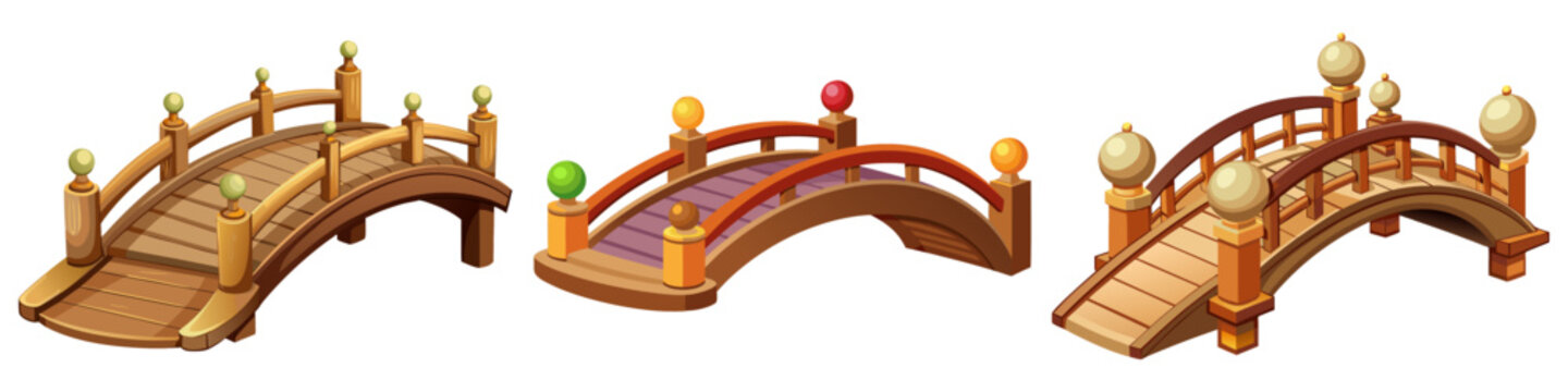 A set of three stylized wooden footbridges featuring high arched walkways, traditional handrails, and colorful decorative post lamps.