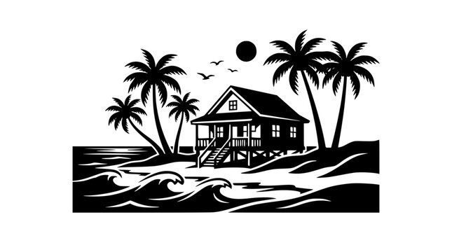 Tropical Beach House with Palm Trees and Ocean Waves Minimalist Vector Illustration