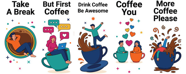 Fototapeta premium Coffee break concept banners with people resting in giant mugs set.