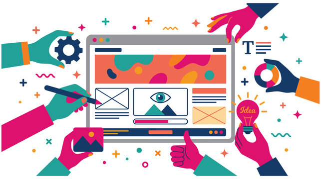 Creative web design process with collaborative hands and UI elements.