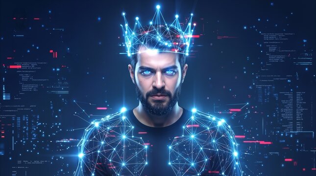 Artificial intelligence representation of a male figure wearing a glowing digital crown. Cybernetic data visualization of human consciousness in a virtual environment.