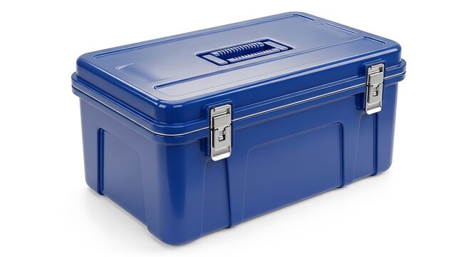 Blue plastic tool box with metal latches for home storage
