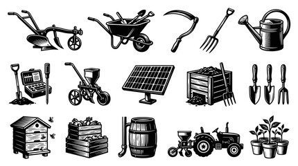 Obraz premium Agriculture Farming Tools and Equipment Set in Black and White Vintage Engraving Line Art Style