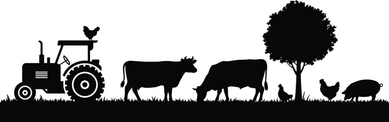 Farm Scene Silhouette with Tractor Cows Chickens Pig and Tree on White Background Keywords: farm, tractor, cow, chicken, pig, tree, silhouette, agriculture, rural © QueenMomtaz 