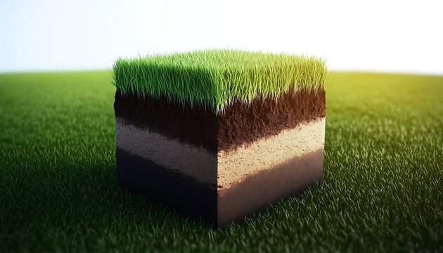 Cube cut grass soil layers on field, soil profile, ecological study.