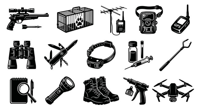 Wildlife Research  Conservation Tools and Hunting Gear Icons - Monochrome Vector Illustration Set
