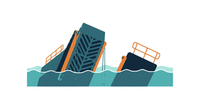Sinking ship and building in water illustration.